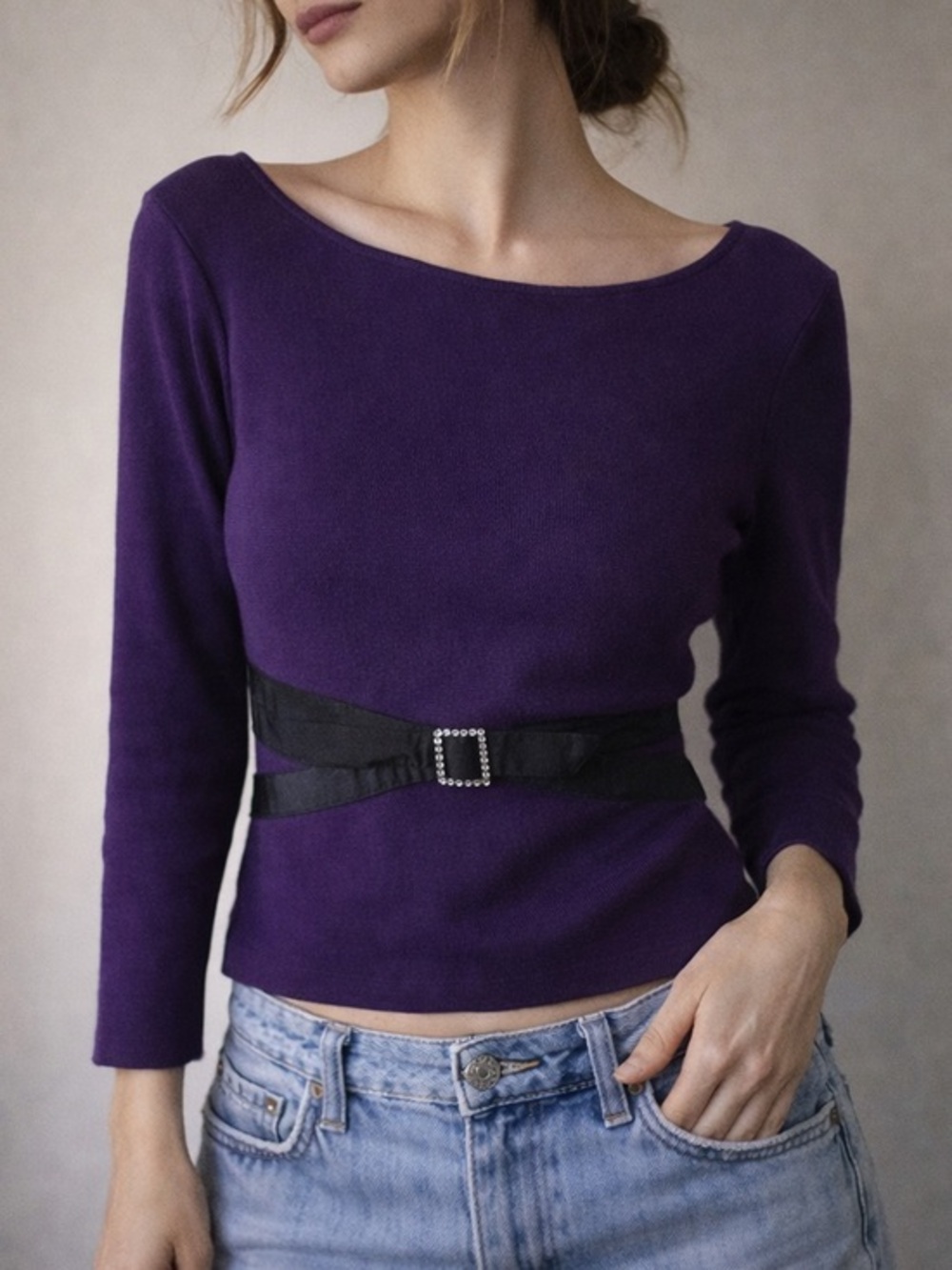 Carlisle‎ Purple Knit Top 90s Y2K Rhinestone Buckle Ribbon Medium